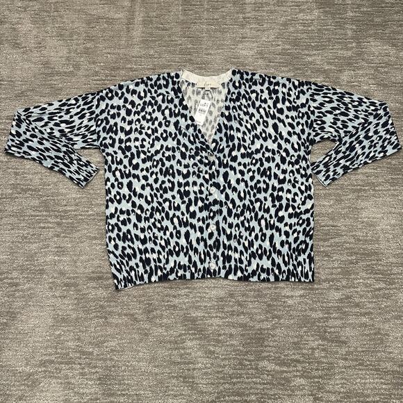 LOFT Sweaters - LOFT Cardigan Sweater Womens Medium Blue Leopard Print Button Front Knit